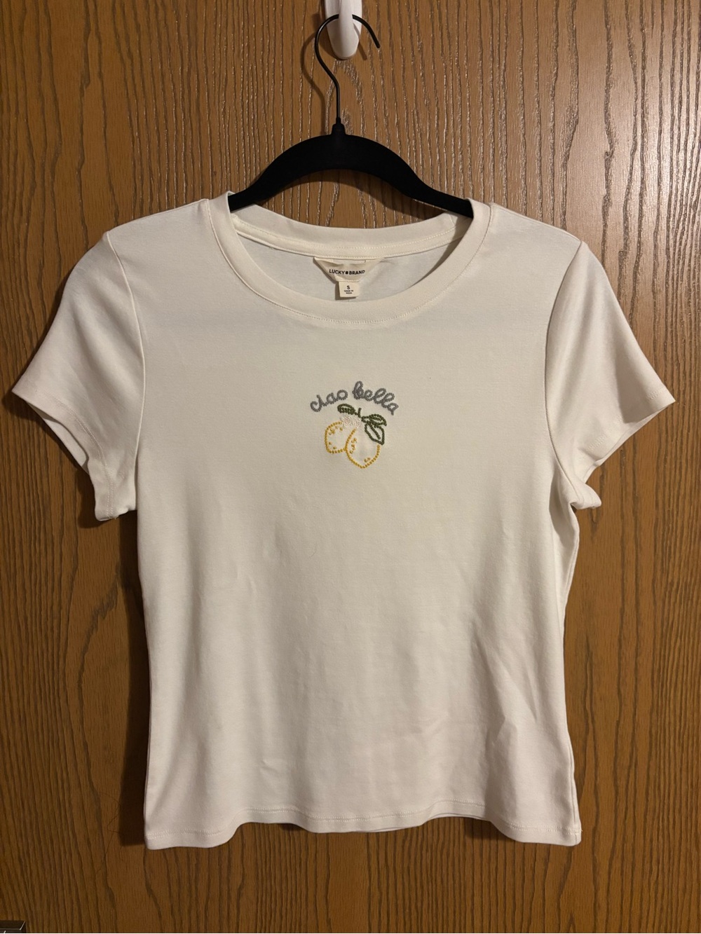 Women’s White Short-Sleeve Tee with ciao bella 🍋 Lemon Embroidery